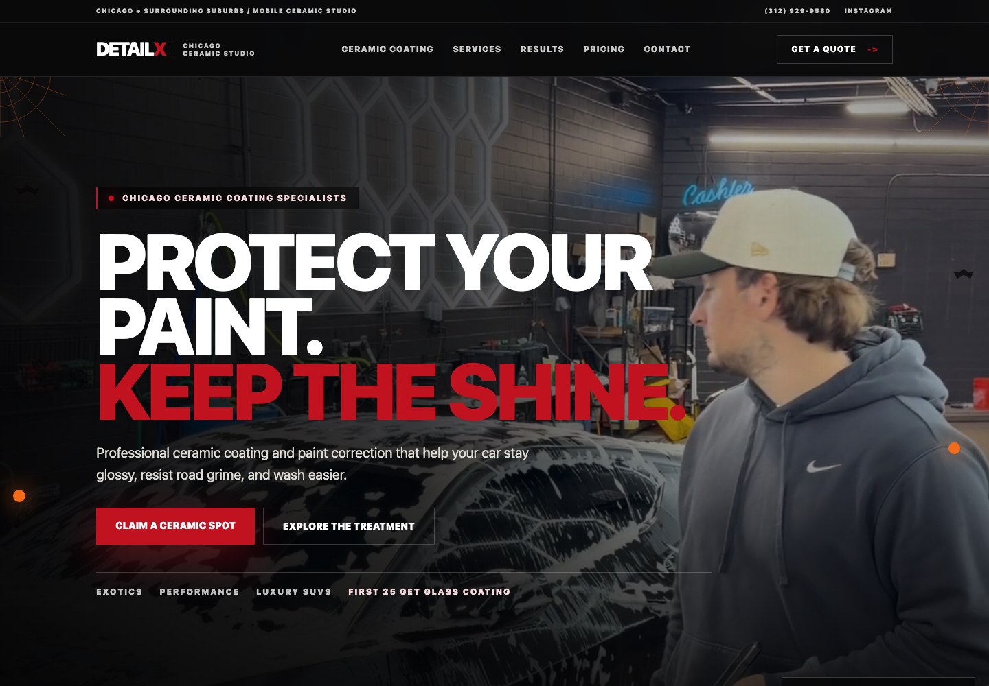 DetailX Chicago website header with its presenter standing beside a car