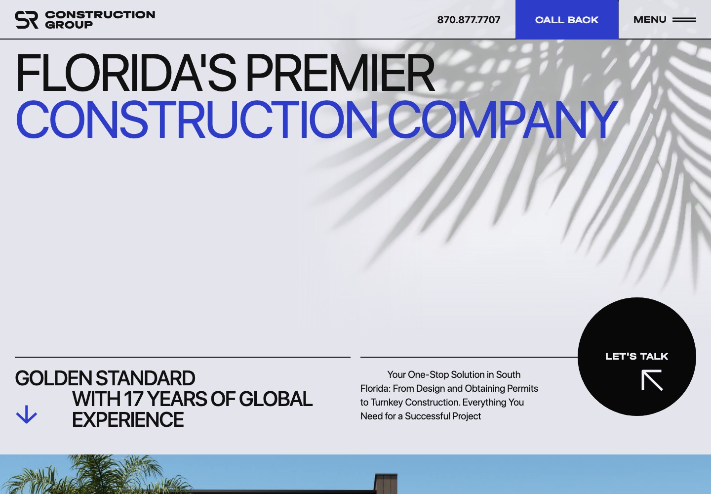 SR Construction Group website header with bold typography and blue accents
