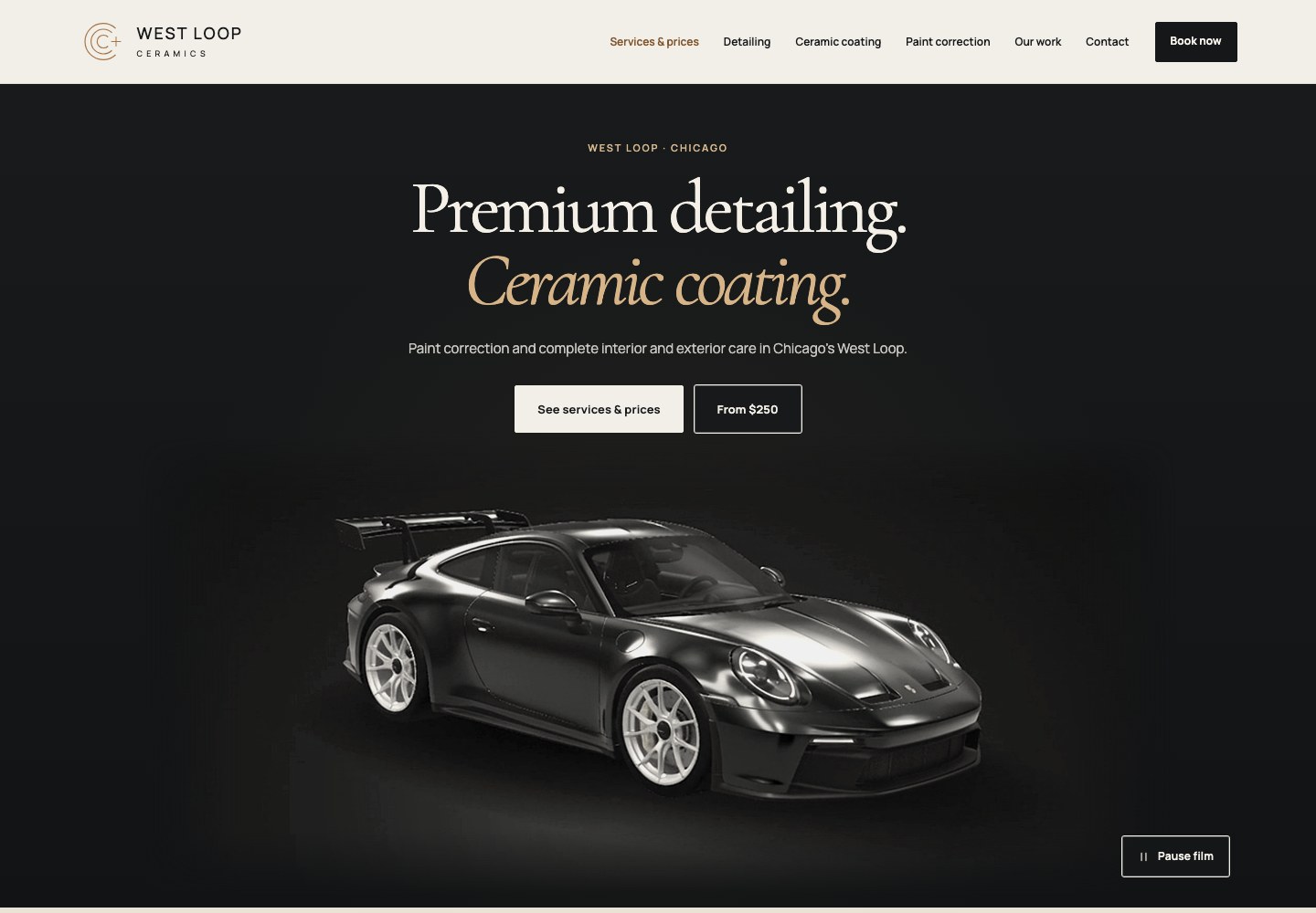 West Loop Ceramics website header with a fully visible graphite Porsche 911